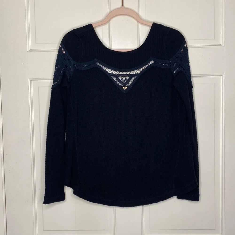 Free People‎ Lace Oversized Black Waffle Knit Thermal